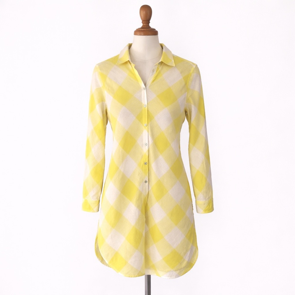 Chico’s Linen Plaid Tunic Shirt Dress Size 8 Yellow White No Iron